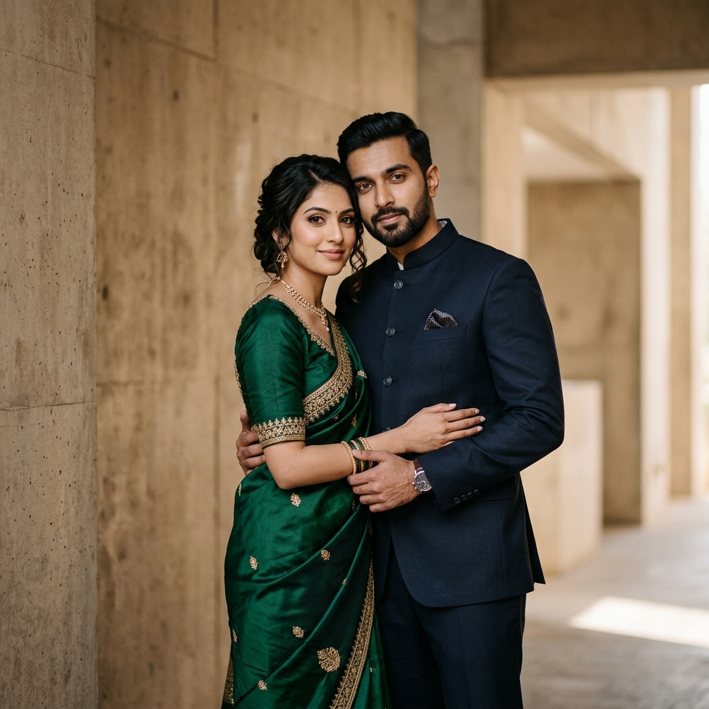 Elegant couple portrait with dramatic lighting and composition