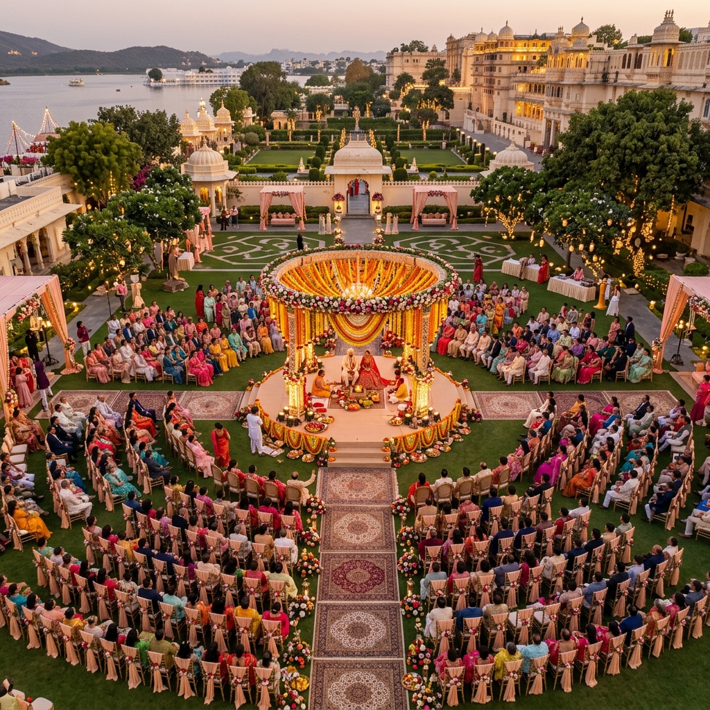 Aerial drone shot capturing a wedding venue from above